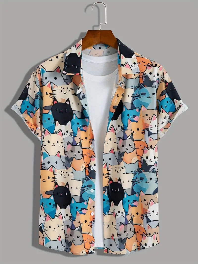 Full Print Cat Design Men's Casual Shirt