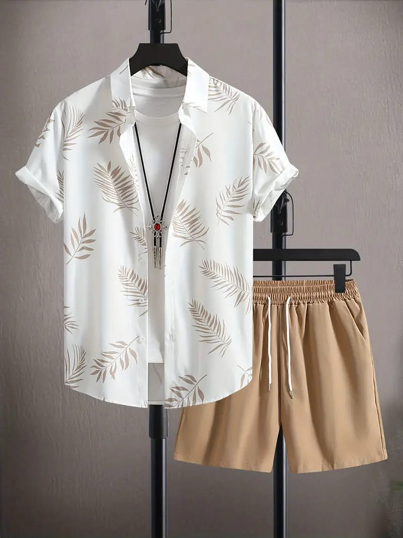 Men's Leaf Print Two-Piece Summer Outfit